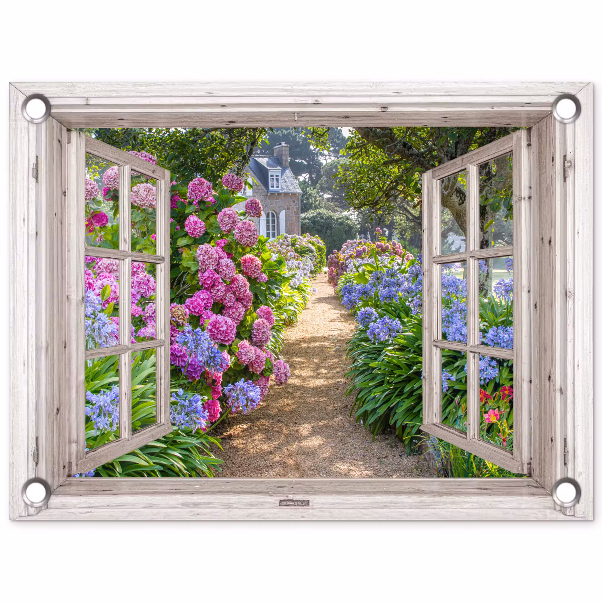 Tuinposter - Hortensia - Doorkijk - Bloemen - Zomer - Paars - Pad