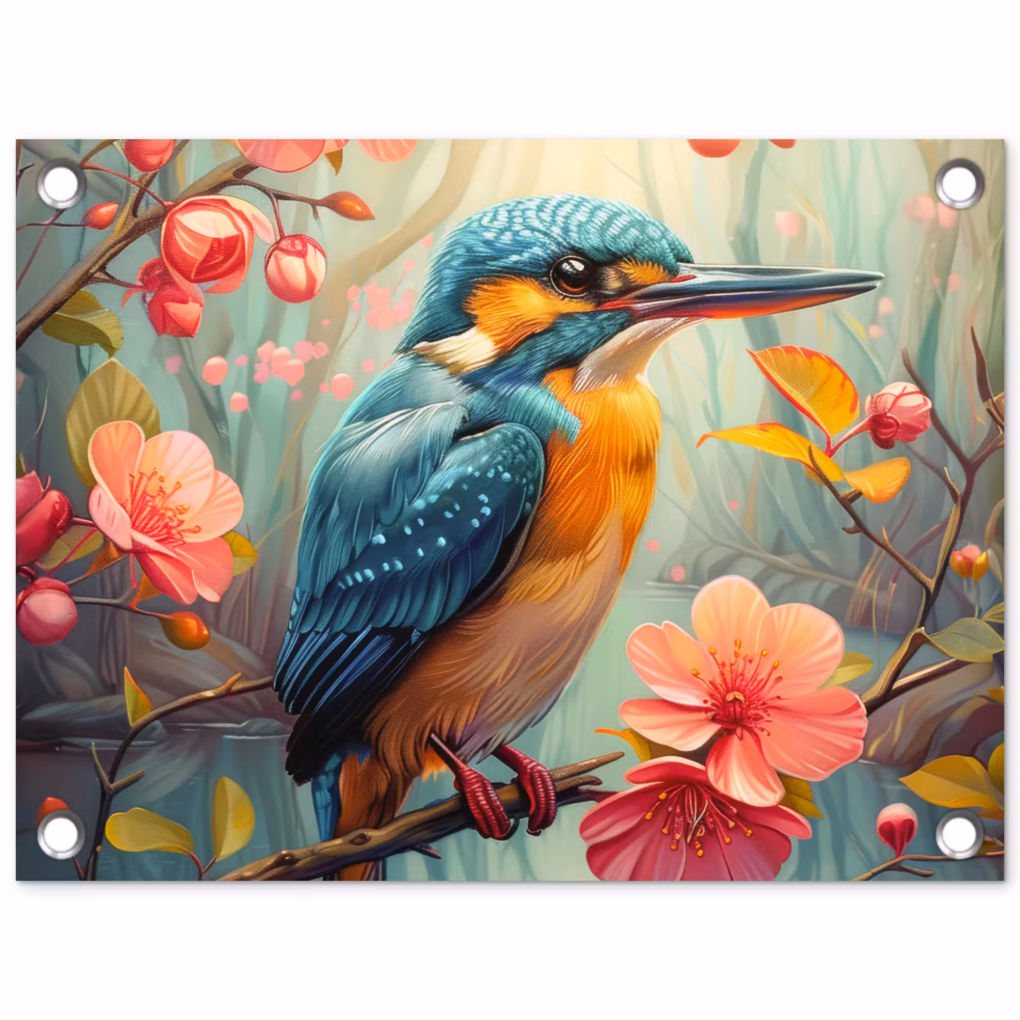 Tuinposter - IJsvogel - Bloesem - Natuur - Vogels - Bloemen