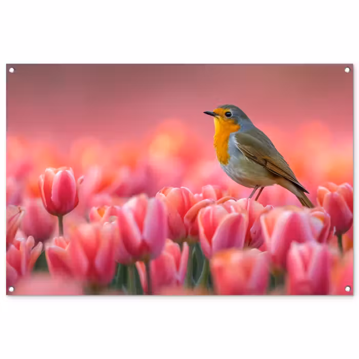 Tuinposter - Roodborstje in Tulpenveld