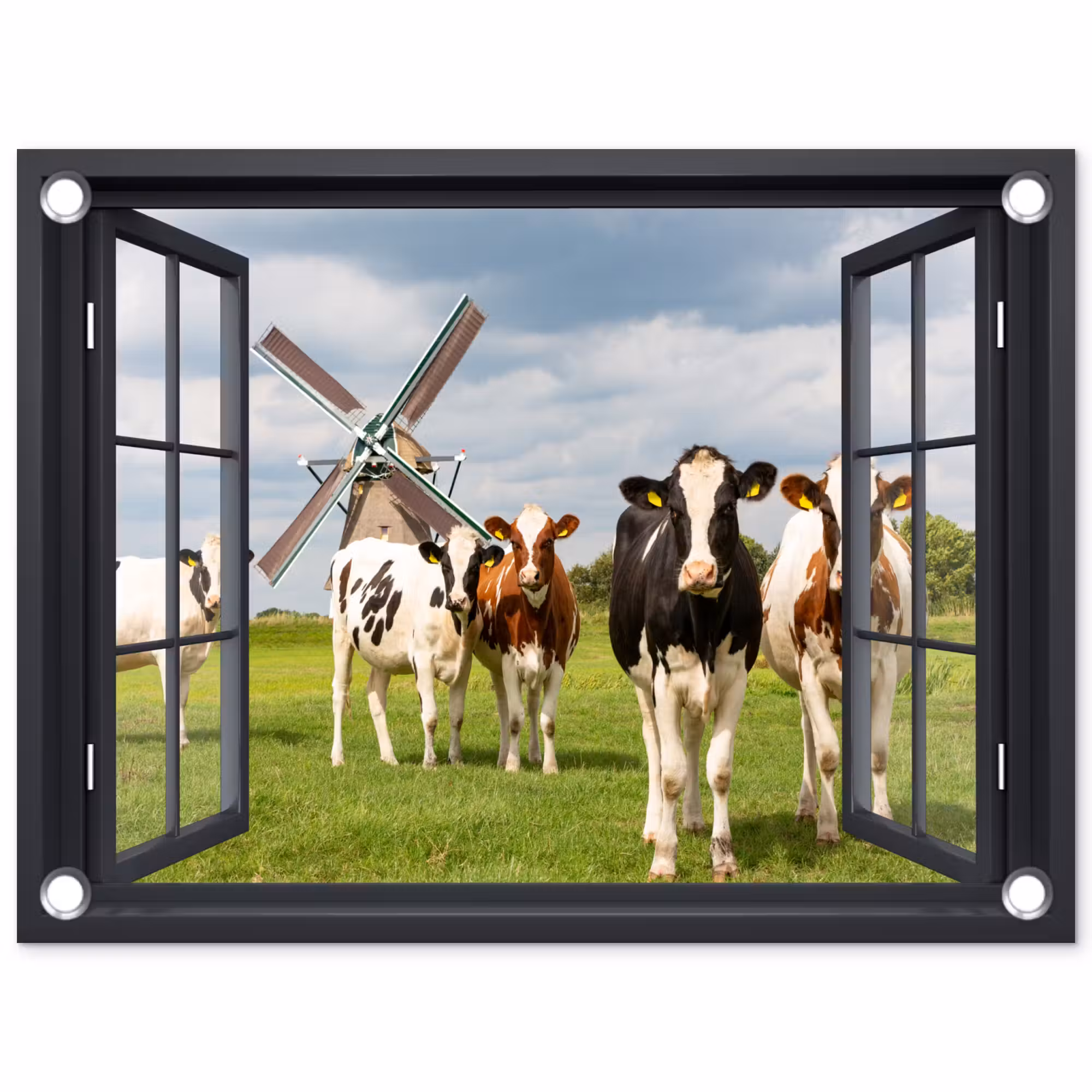 Tuinposter - Uitzicht op Koeien en Windmolen
