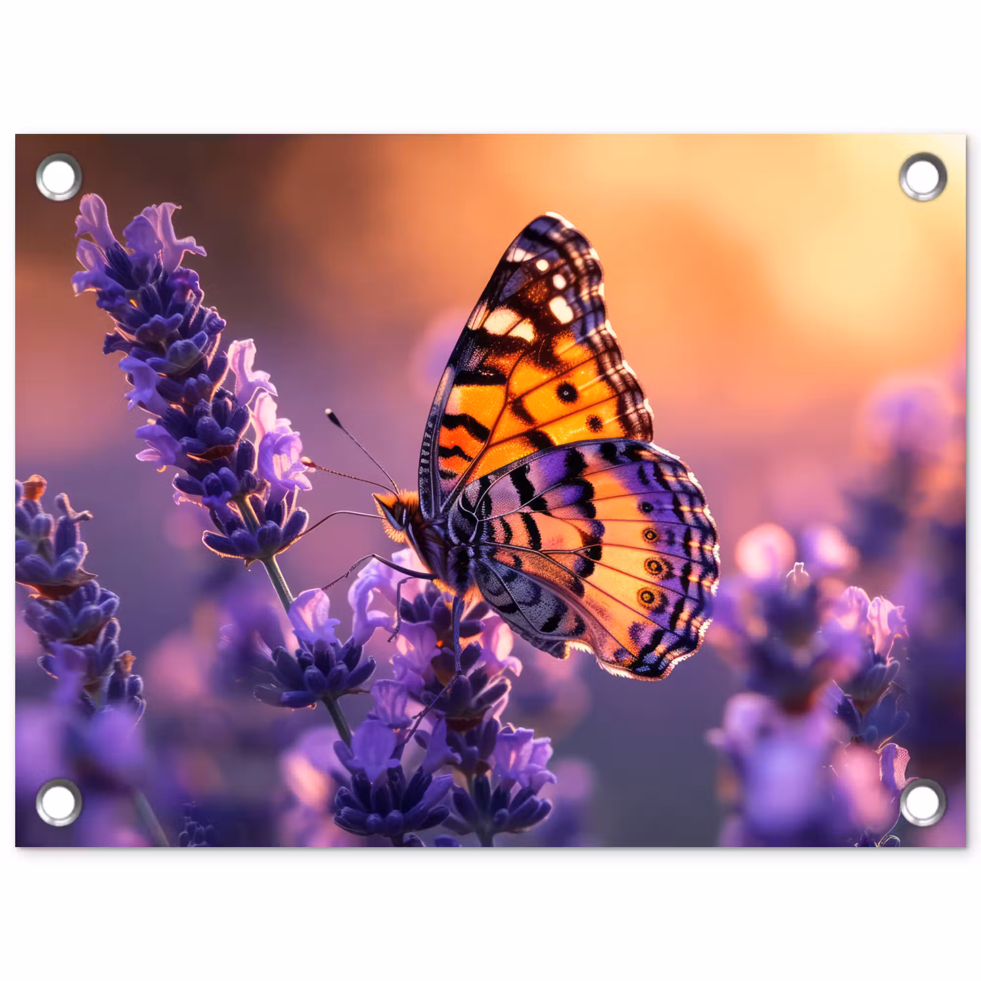 Tuinposter - Vlinder op lavendel bij zonsondergang