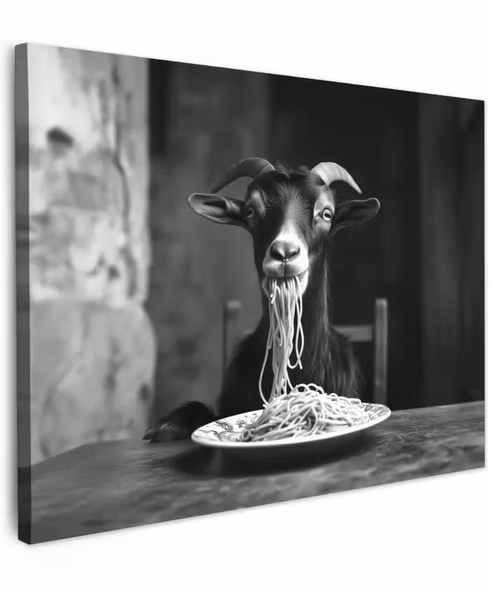 Canvas schilderij - Geit - Bord - Spaghetti - Zwart Wit