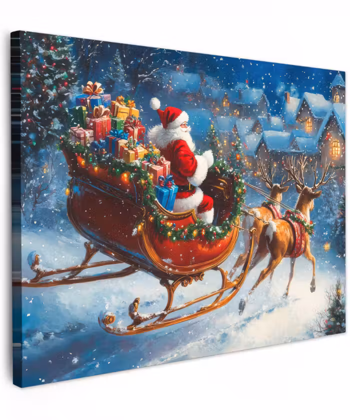 Canvas schilderij - Kerstman - Rendier - Kerst - Sneeuw