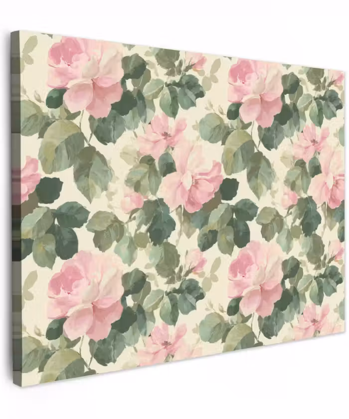 Canvas schilderij - Roze Bloemen met Bladeren Aquarel