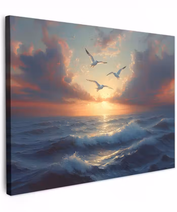 Canvas schilderij - Meeuwen Zee Zonsondergang