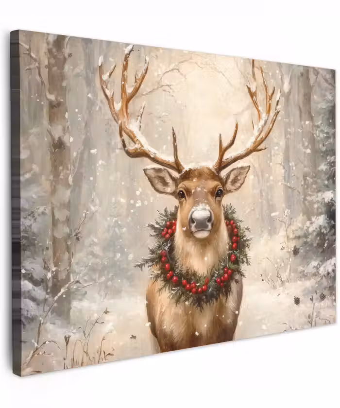 Canvas schilderij - Kerst - Rendier - Winter - Krans