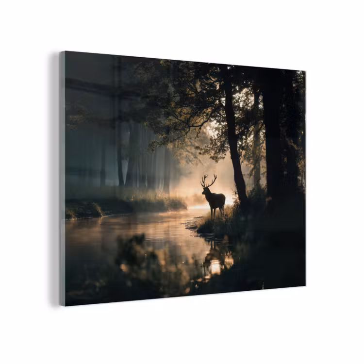 Glas schilderij - Hert in Bos bij Rivier