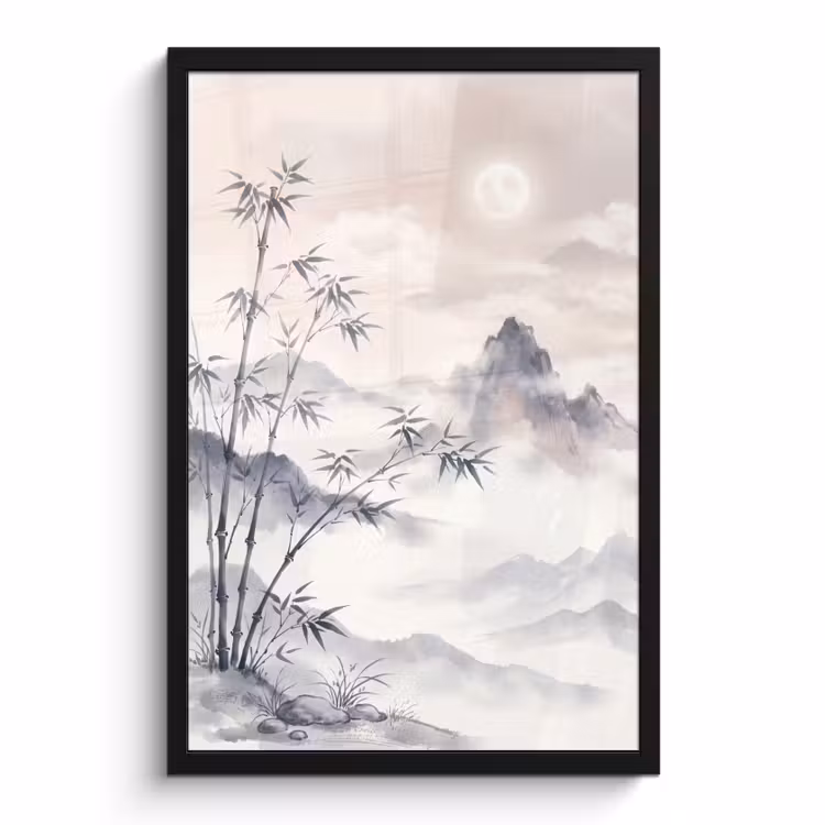 Poster met lijst - Bamboe Bergen Mist Aquarel