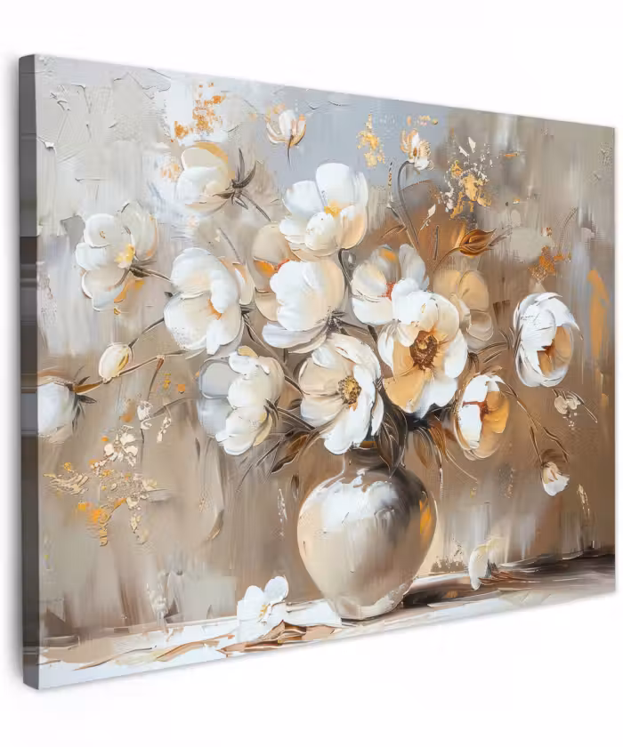Canvas schilderij - Witte Bloemen in Vaas Beige