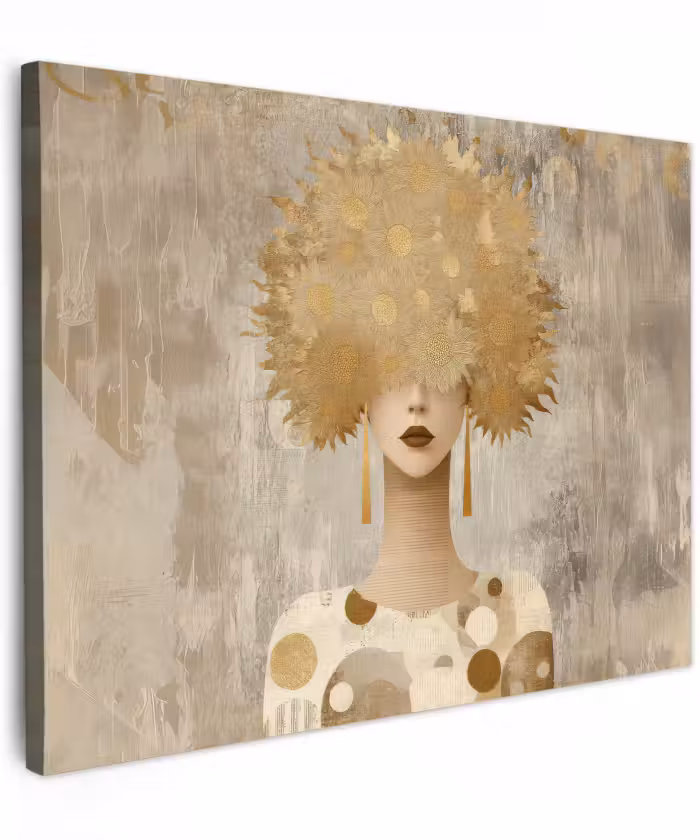 Canvas schilderij - Vrouw met Gouden Zonnebloemen Als Haar