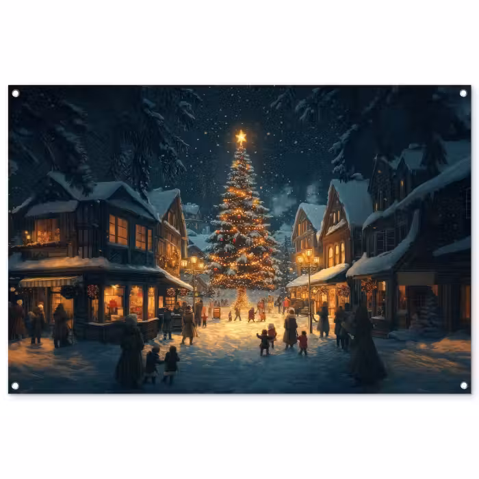 Tuinposter - Kerstboom Dorpsplein Sneeuw
