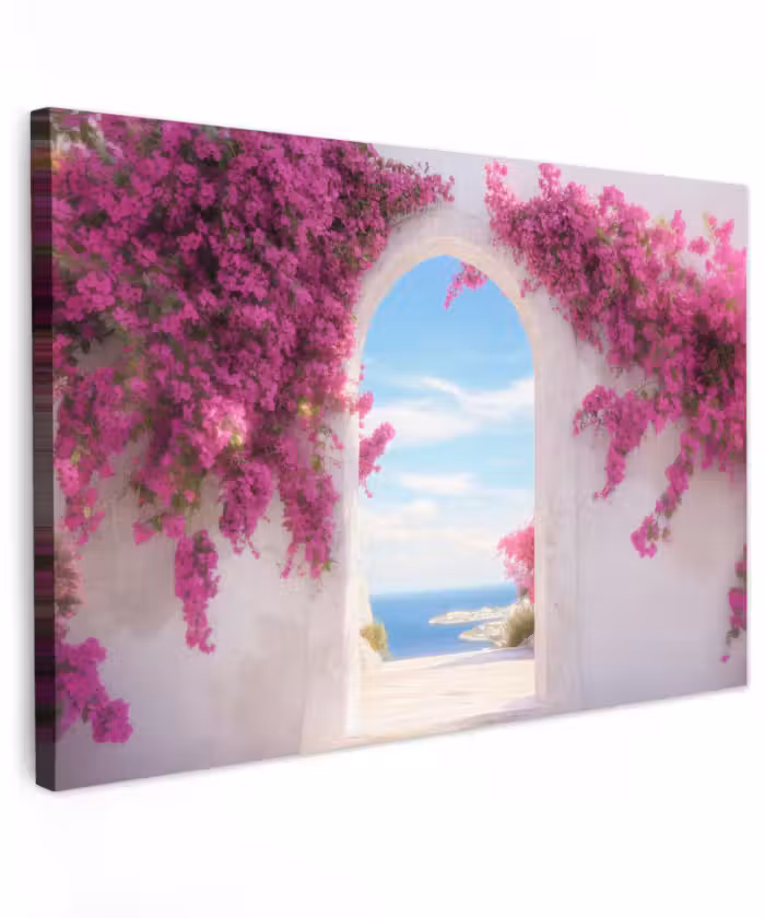 Canvas schilderij - Bougainvillea Boog Zeezicht