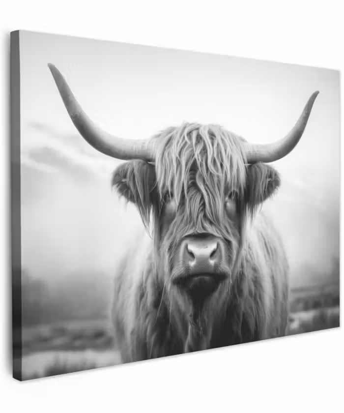 Canvas schilderij - Schotse hooglander - Mist - Zwart - Wit