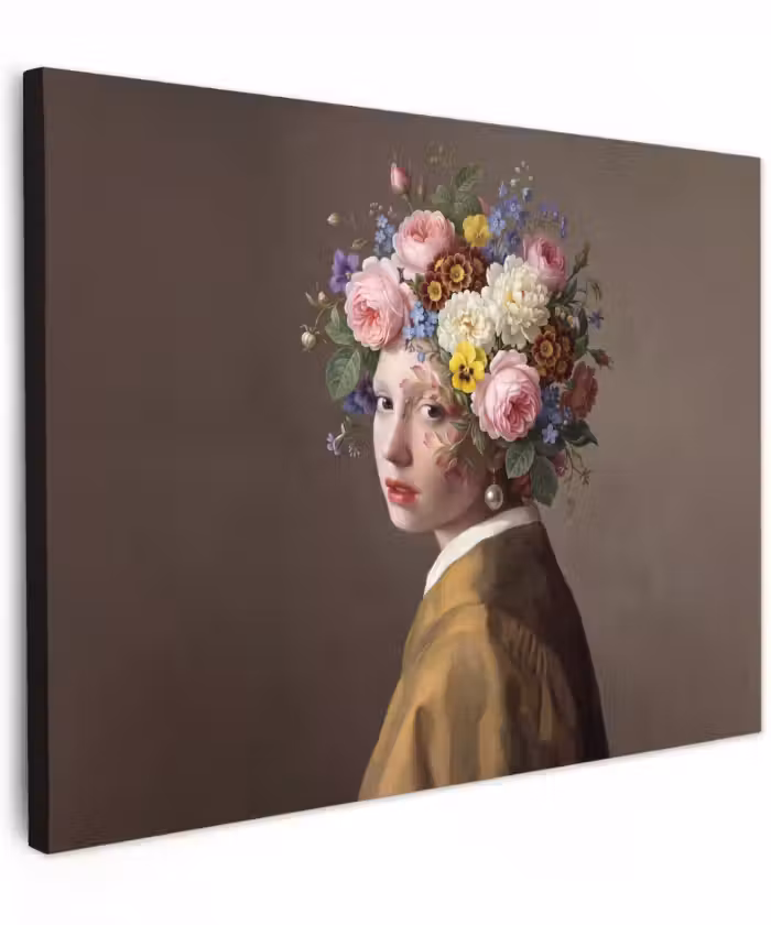Canvas schilderij - Vermeer Meisje met de Parel Bloemen