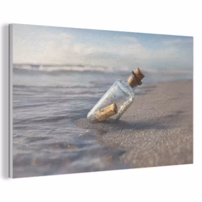 Akoestisch schilderij - Glazenfles - Post - Zee - Zand