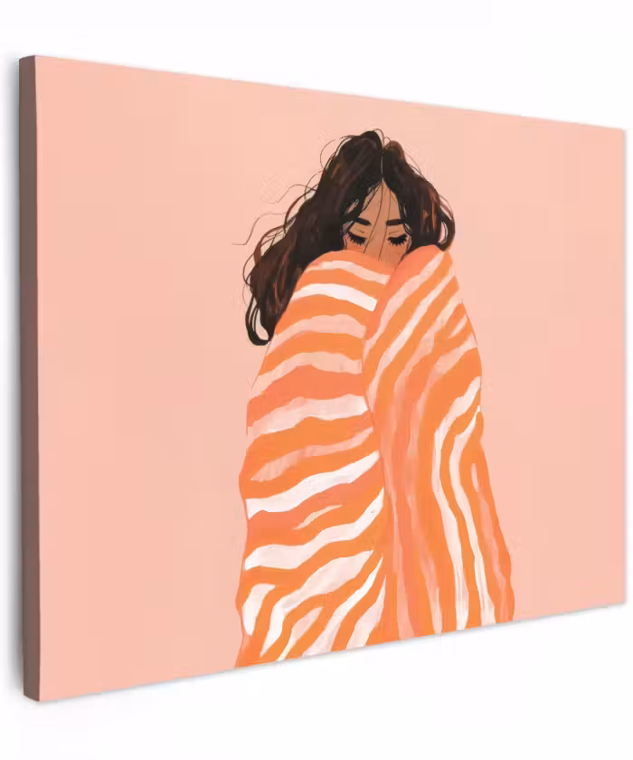 Canvas schilderij - Meisje - Deken - Gestreept - Oranje