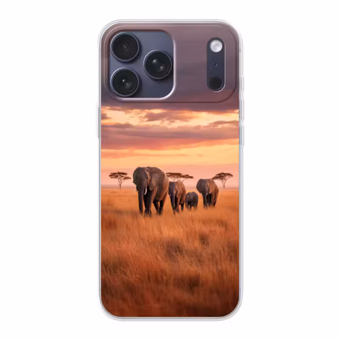 Telefoonhoesje Softcase - Olifanten Savanne Zonsondergang