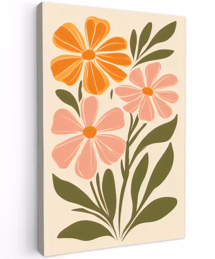 Canvas schilderij - Minimalistisch - Bloemen - Bladeren - Roze