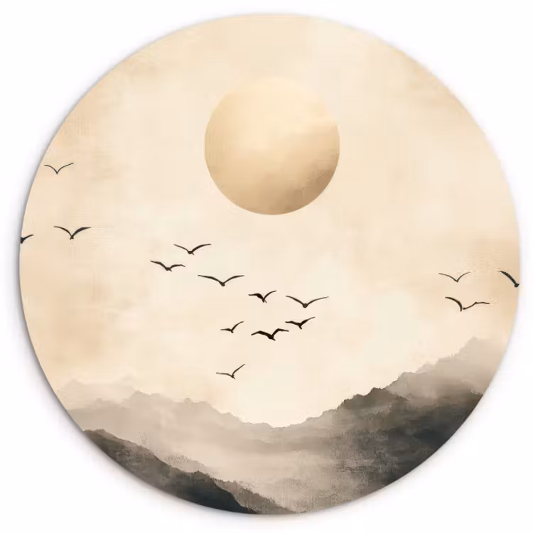 Muurcirkel - Bergen met Vogels en Zon Beige