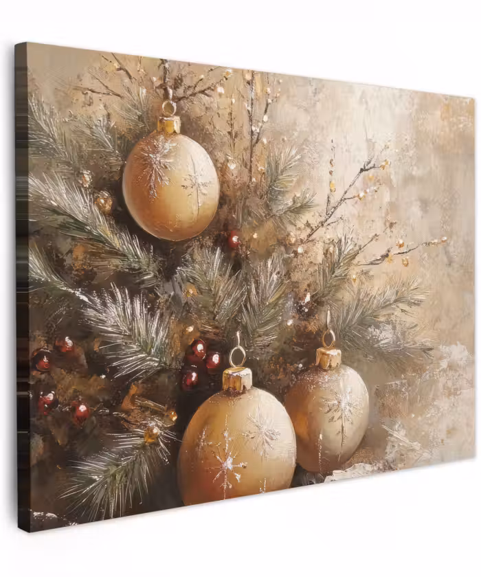Canvas schilderij - Kerst - Kerstballen - Beige - Goud
