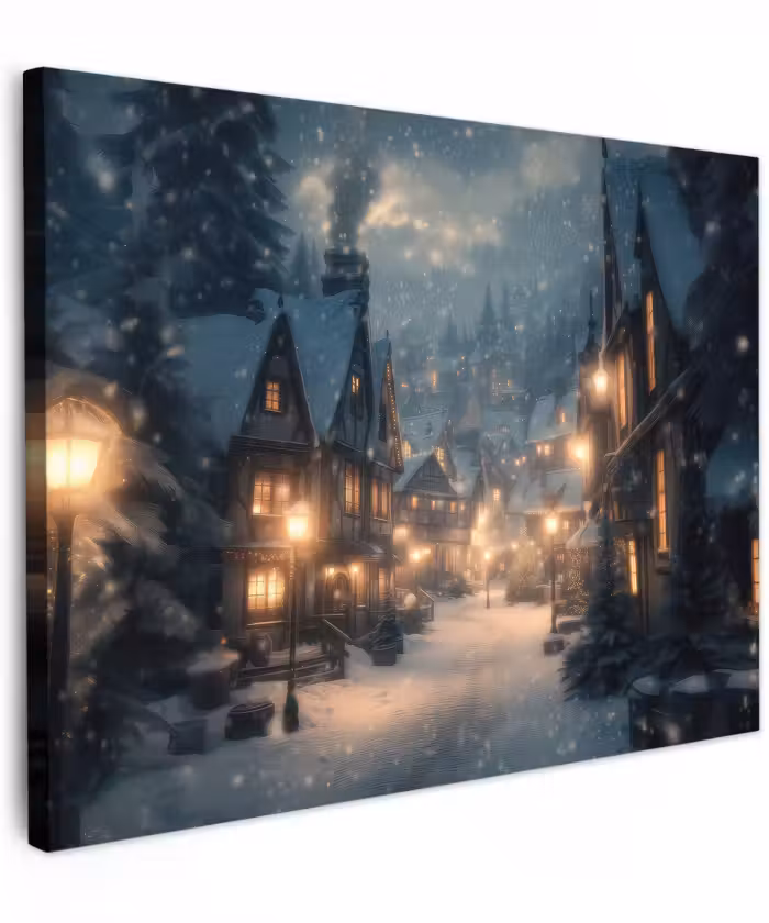 Canvas schilderij - Winterdorp - Sneeuw - Donker