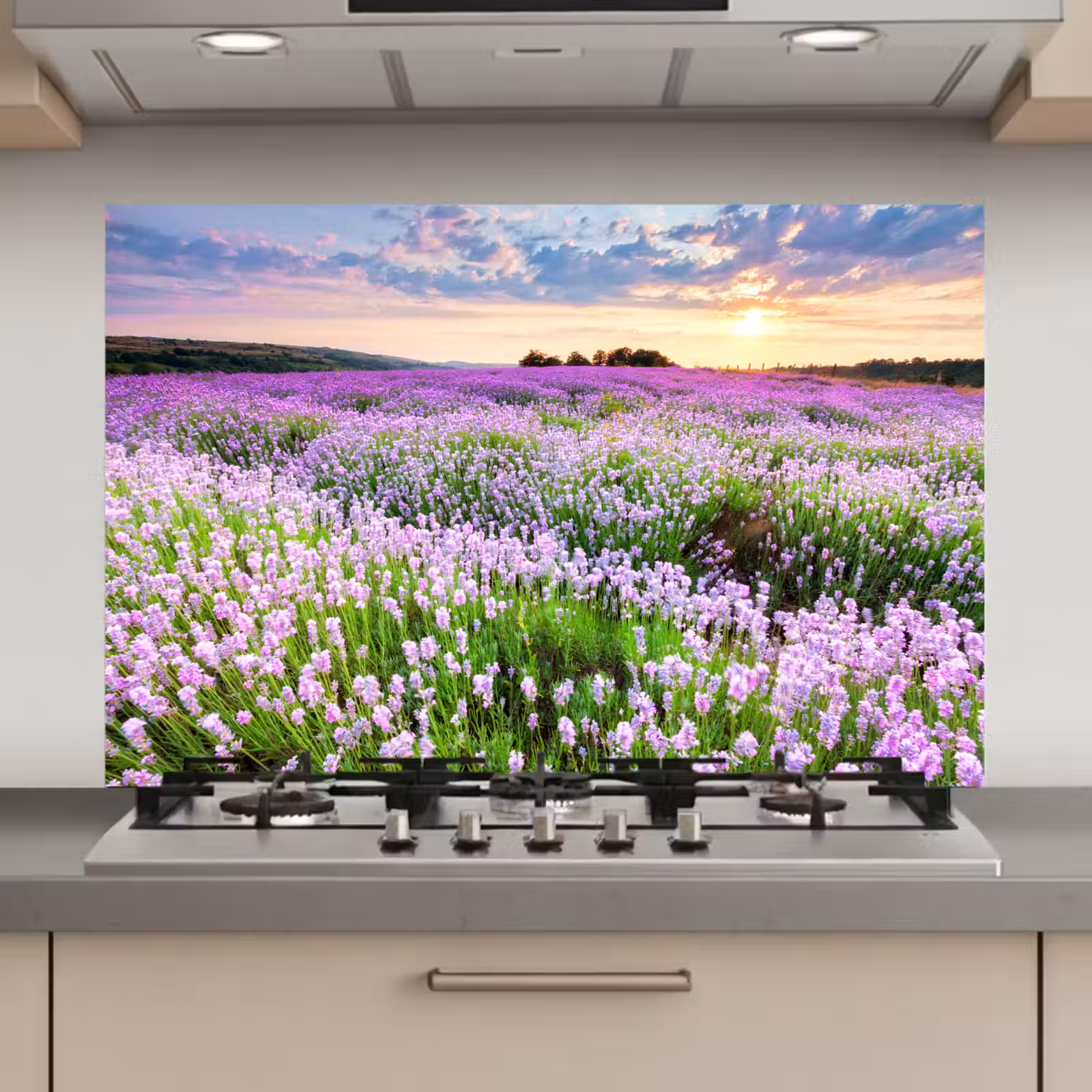 Spatscherm keuken - Bloemen - Lavendel - Paars - Lucht - Zonsondergang - Weide - Natuur — 1