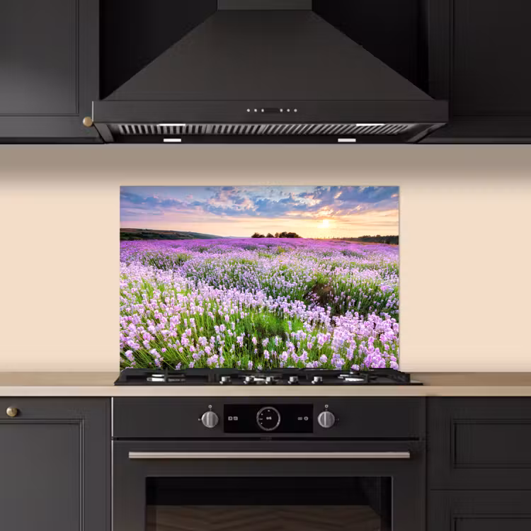 Spatscherm keuken - Bloemen - Lavendel - Paars - Lucht - Zonsondergang - Weide - Natuur — 2