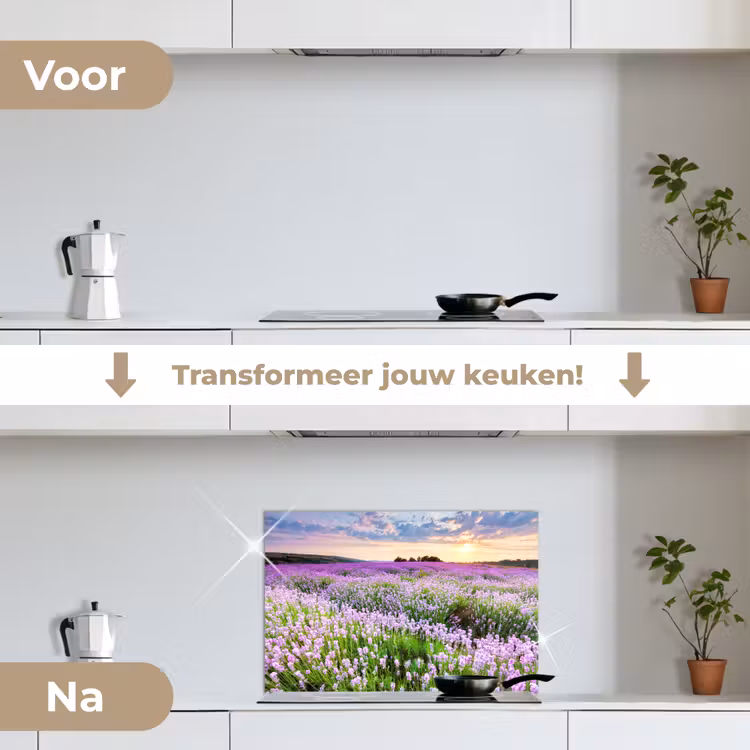 Spatscherm keuken - Bloemen - Lavendel - Paars - Lucht - Zonsondergang - Weide - Natuur — 3