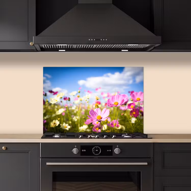 Spatscherm keuken - Bloemen - Wei - Paars - Gras - Wit - Wolken - Blauw — 2