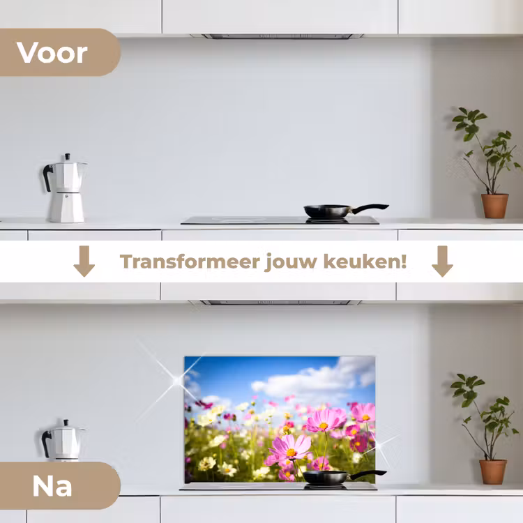 Spatscherm keuken - Bloemen - Wei - Paars - Gras - Wit - Wolken - Blauw — 3