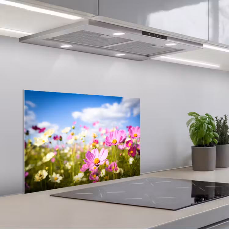 Spatscherm keuken - Bloemen - Wei - Paars - Gras - Wit - Wolken - Blauw — 5