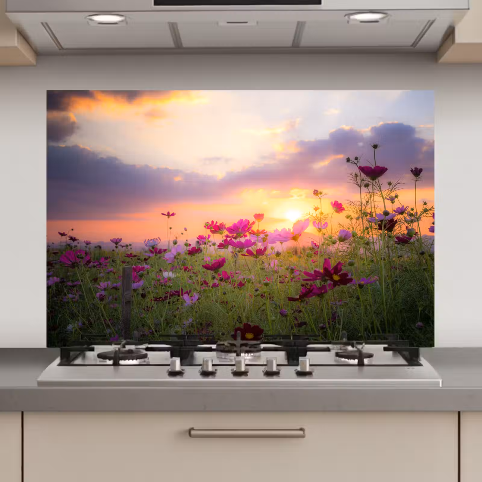 Spatscherm keuken - Zonsondergang - Bloemen - Roze - Natuur - Groen — 1