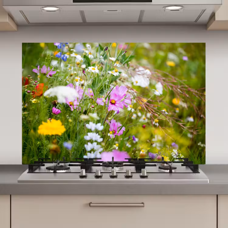 Spatscherm keuken - Bloemen - Natuur - Groen - Gras - Paars - Wit — 1