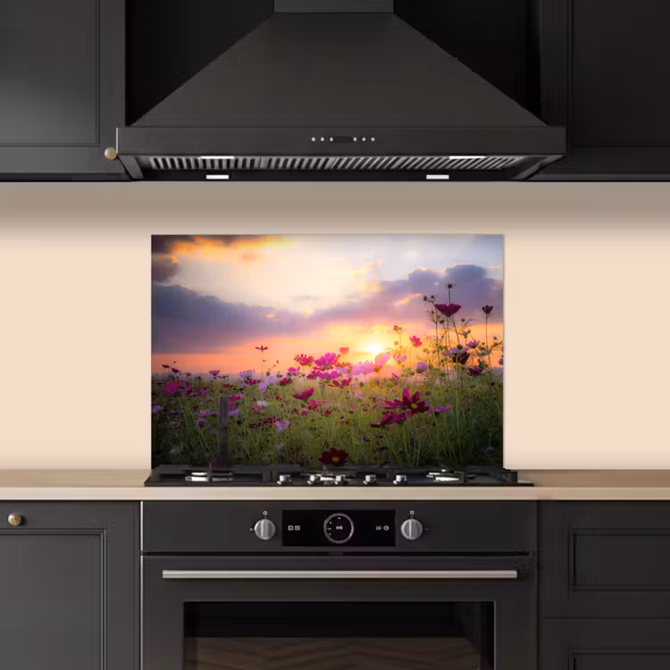 Spatscherm keuken - Zonsondergang - Bloemen - Roze - Natuur - Groen — 2