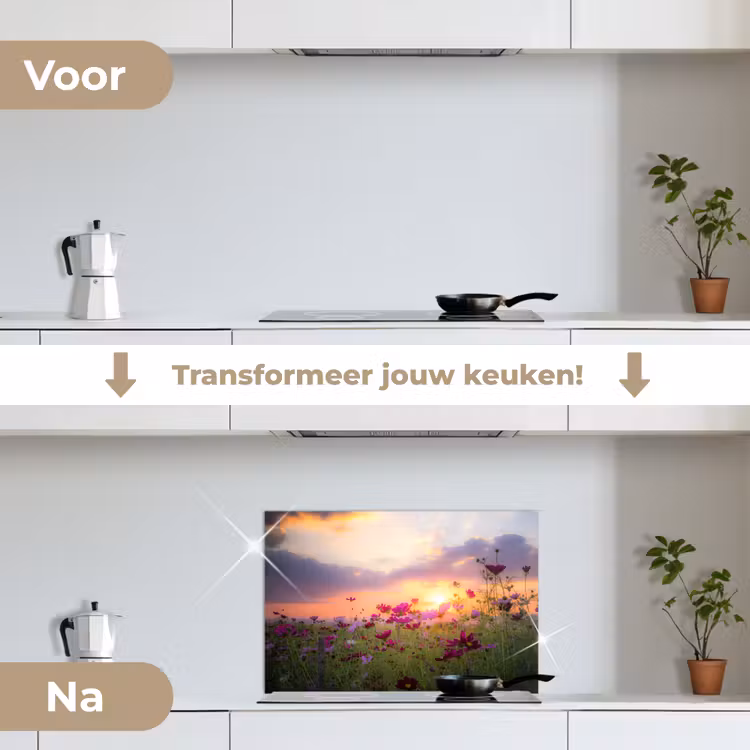 Spatscherm keuken - Zonsondergang - Bloemen - Roze - Natuur - Groen — 3