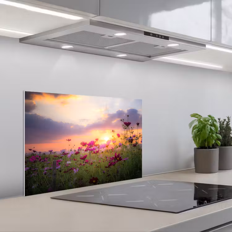 Spatscherm keuken - Zonsondergang - Bloemen - Roze - Natuur - Groen — 5