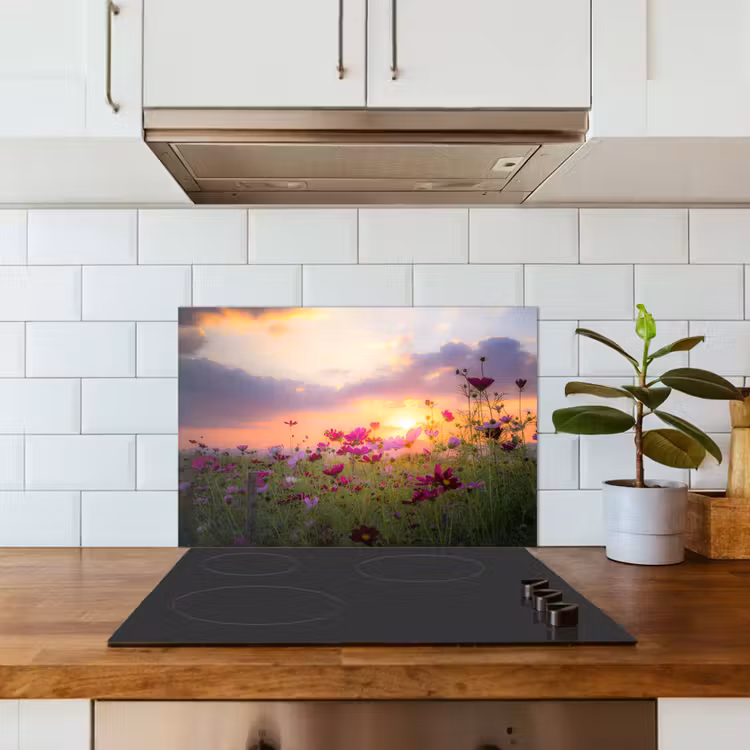 Spatscherm keuken - Zonsondergang - Bloemen - Roze - Natuur - Groen — 6