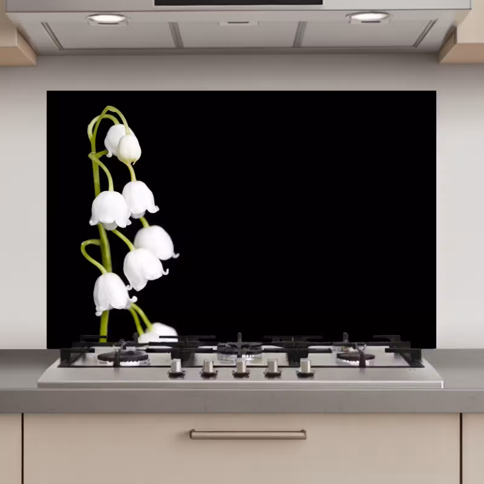 Spatscherm keuken - Lelietjes van dalen - Bloemen - Zwart - Flora — 1