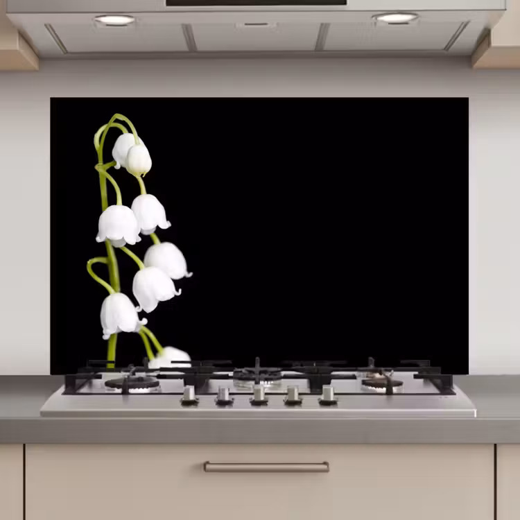 Spatscherm keuken - Lelietjes van dalen - Bloemen - Zwart - Flora — 1