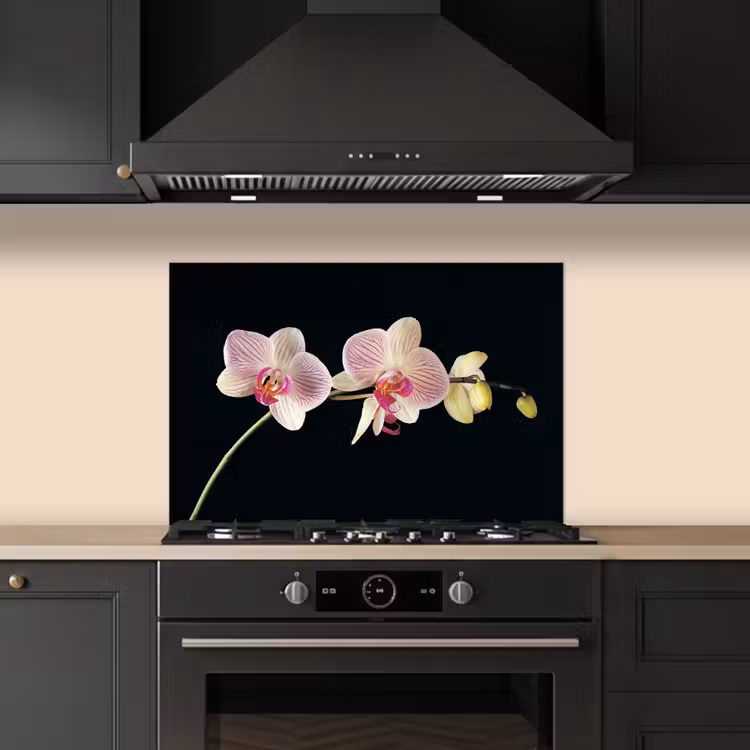 Spatscherm keuken - Gestreepte Orchideeën Elegantie — 2