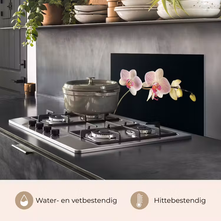 Spatscherm keuken - Gestreepte Orchideeën Elegantie — 7