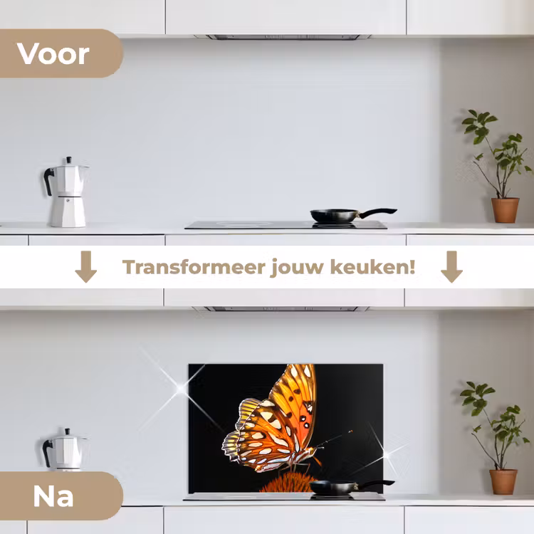 Spatscherm keuken - Vlinder - Bloemen - Insect - Portret - Zwart - Oranje — 3