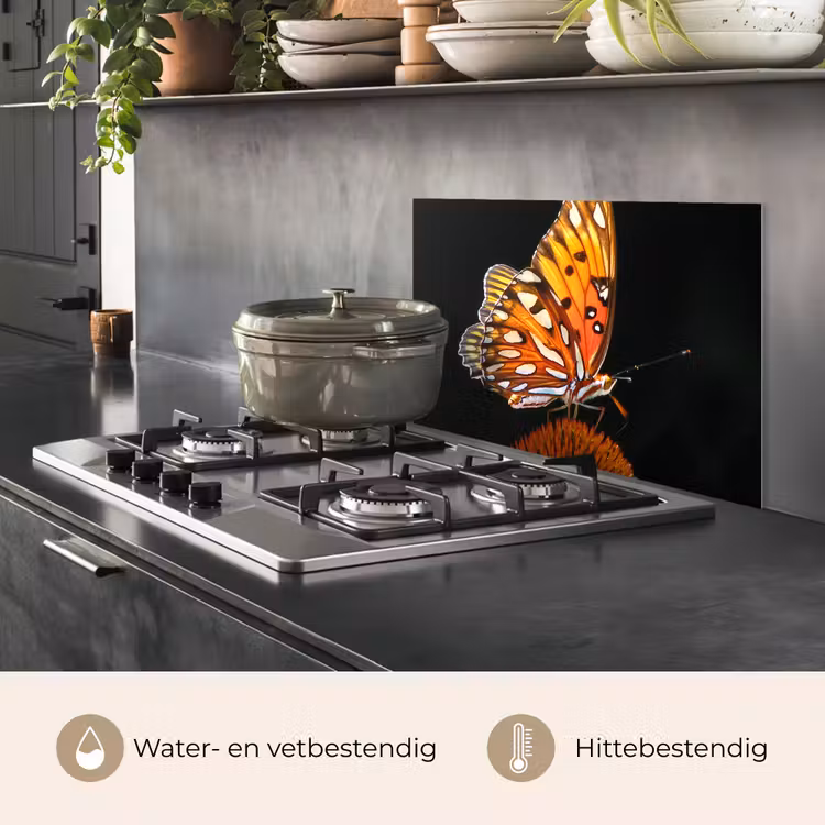Spatscherm keuken - Vlinder - Bloemen - Insect - Portret - Zwart - Oranje — 7