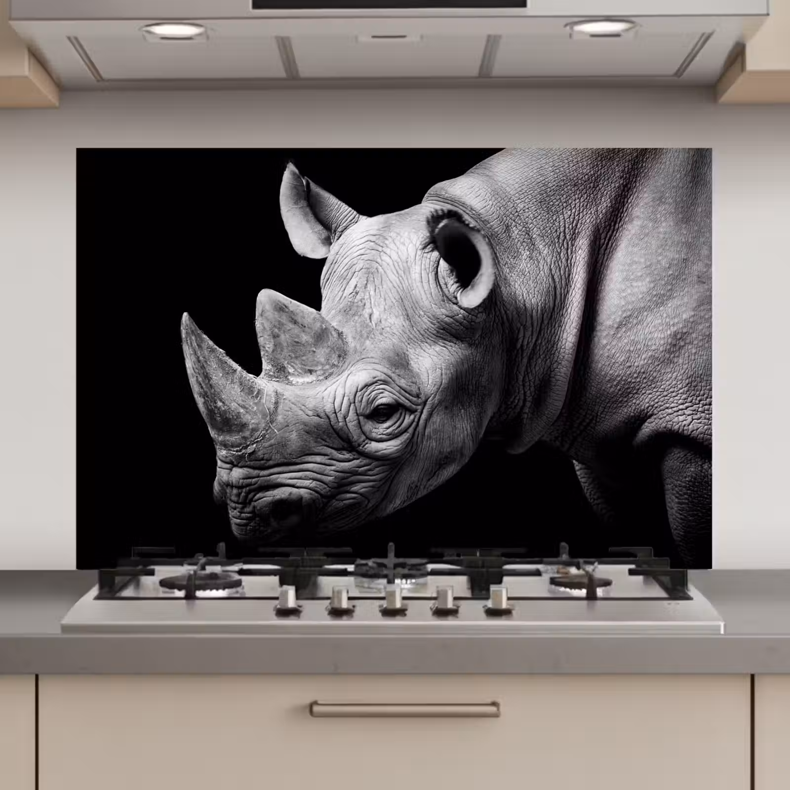 Spatscherm keuken - Dieren - Neushoorn - Zwart - Wit - Portret — 1