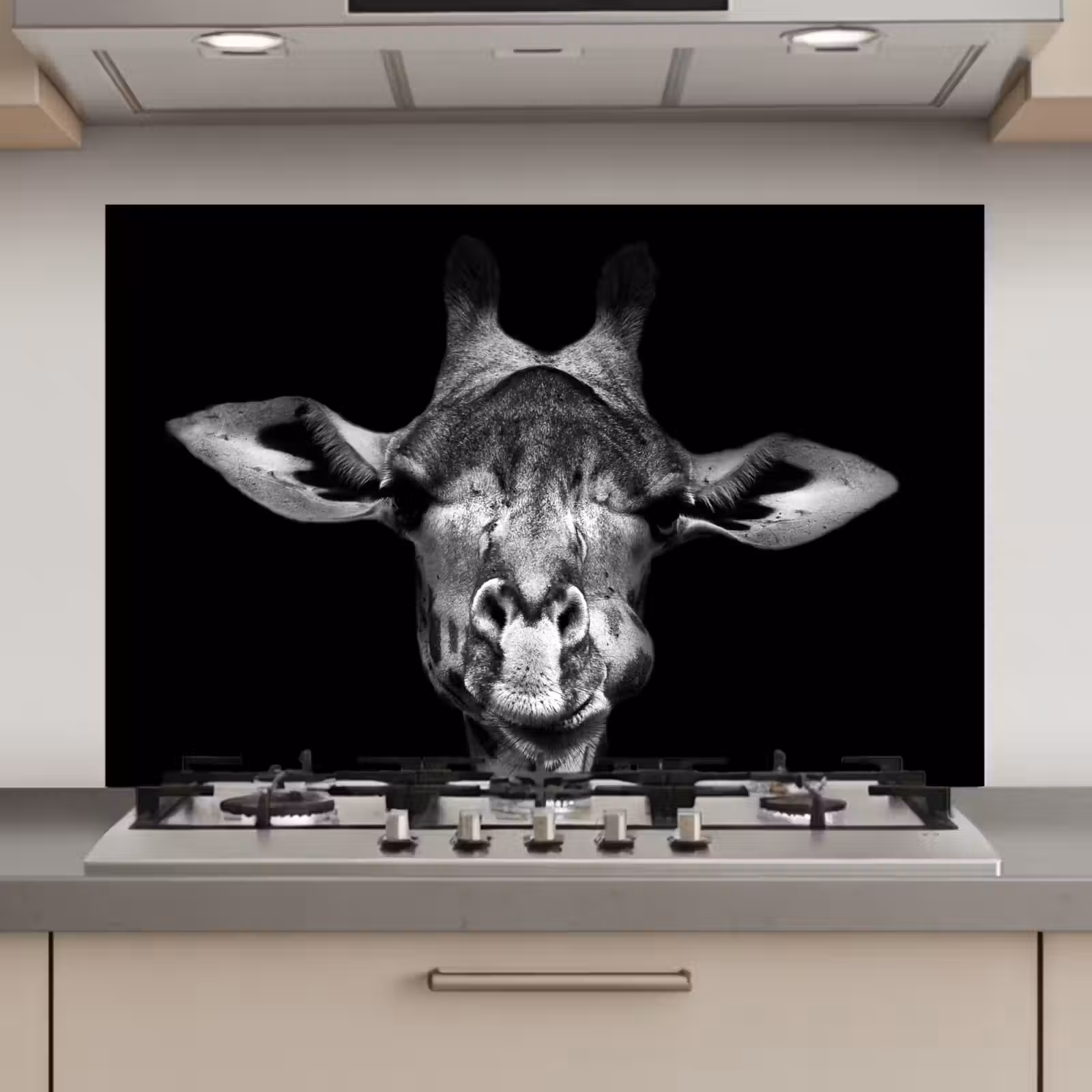 Spatscherm keuken - Giraffe - Portret - Dieren - Zwart - Wit — 1