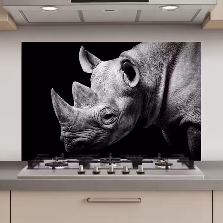 Spatscherm keuken - Dieren - Neushoorn - Zwart - Wit - Portret — 1