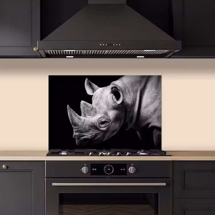 Spatscherm keuken - Dieren - Neushoorn - Zwart - Wit - Portret — 2