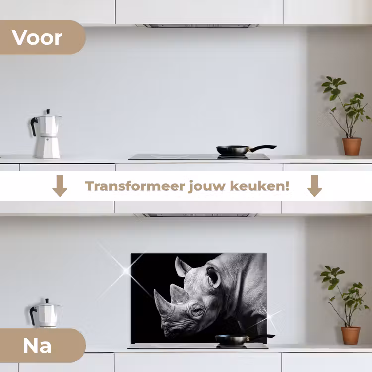 Spatscherm keuken - Dieren - Neushoorn - Zwart - Wit - Portret — 3