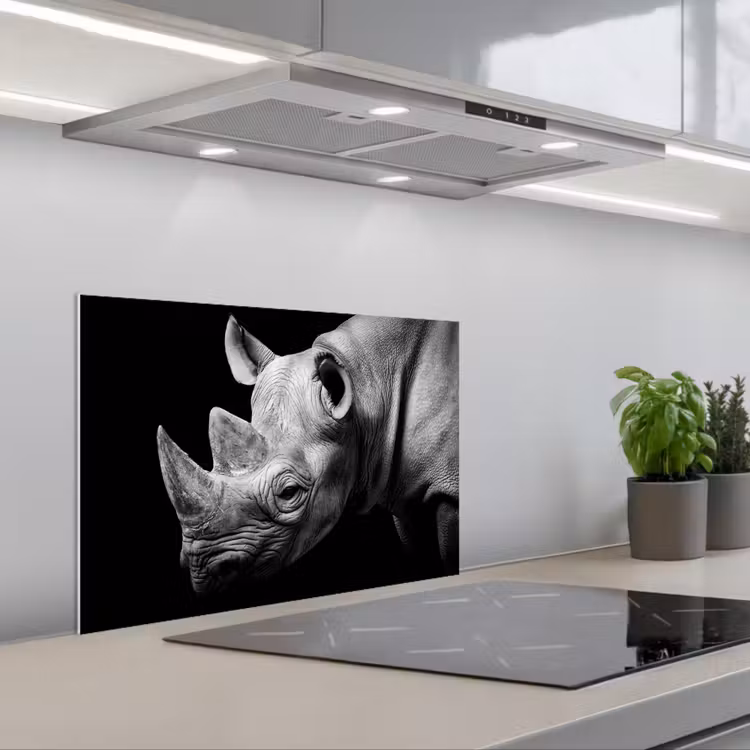 Spatscherm keuken - Dieren - Neushoorn - Zwart - Wit - Portret — 5