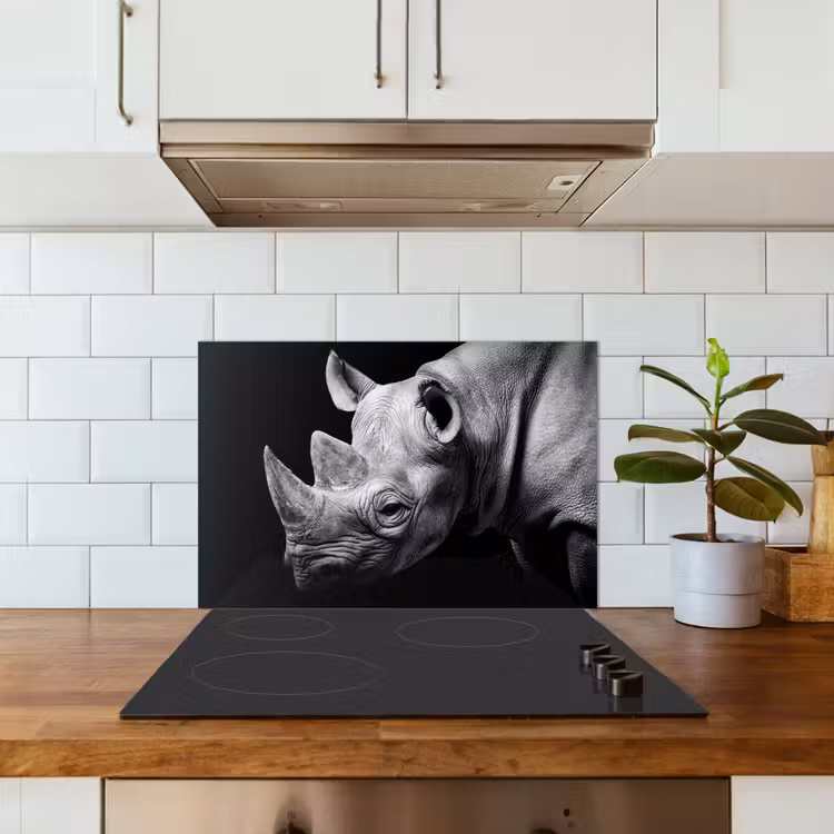 Spatscherm keuken - Dieren - Neushoorn - Zwart - Wit - Portret — 6